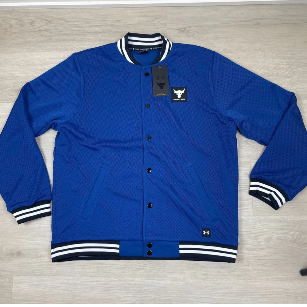 *New* Under Armour Project Rock Mesh Varsity Jacket Mens Large Blue 1377437 471